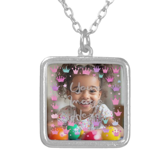 Pastel Pink Purple Princess Crown Photo Border Silver Plated Necklace (Front)