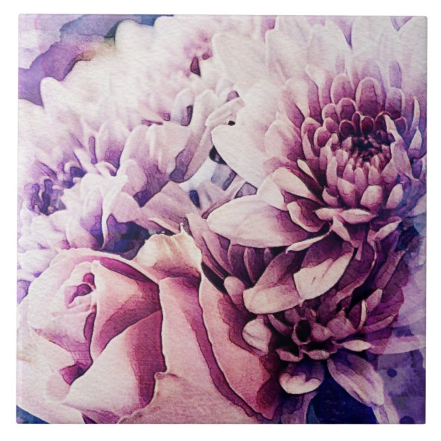 Pastel Pink Purple Rose Chrysanthemum Flowers Ceramic Tile (Front)