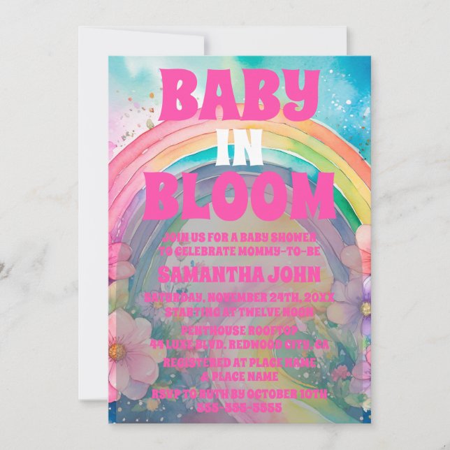 Pastel Pink Rainbow and Flowers Baby Shower Invitation (Front)