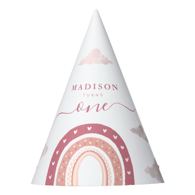 Pastel Pink Rainbow Boho Clouds Birthday Party Hat (Front)