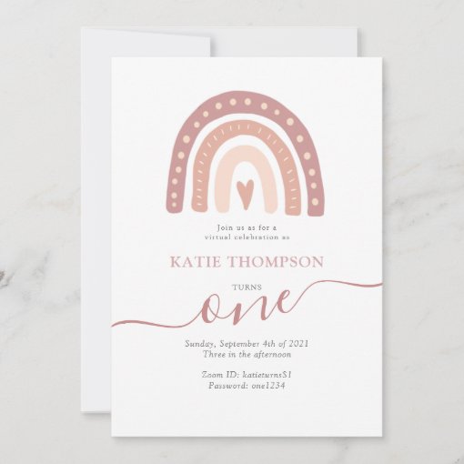 Pastel Pink Rainbow Boho Virtual First Birthday Invitation | Zazzle