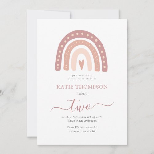 Pastel Pink Rainbow Boho Virtual Second Birthday Invitation