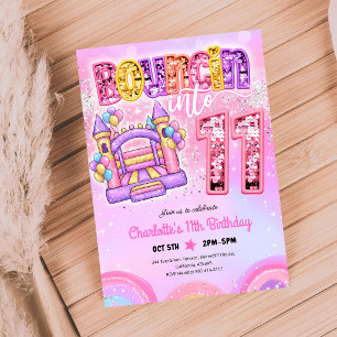 Pastel Pink Rainbow Bounce House 11th Birthday Invitation