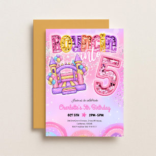 Pastel Pink Rainbow Bounce House 5th Birthday Invitation