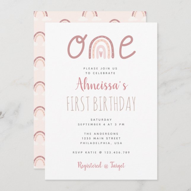 Pastel Pink Rainbow Cloud First Birthday Invitation (Front/Back)