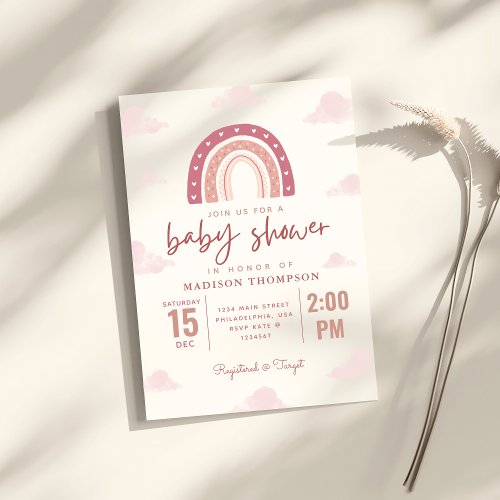 Pastel Pink Rainbow Clouds Calligraphy Baby Shower Invitation