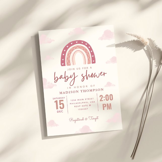 Pastel Pink Rainbow Clouds Calligraphy Baby Shower Invitation (Creator Uploaded)