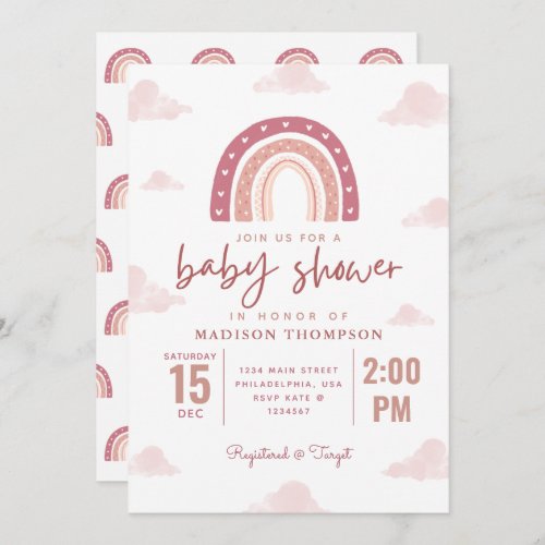 Pastel Pink Rainbow Clouds Girl Baby Shower Invitation