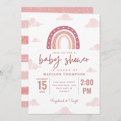 Pastel Pink Rainbow Clouds Girl Baby Shower Stripe Invitation