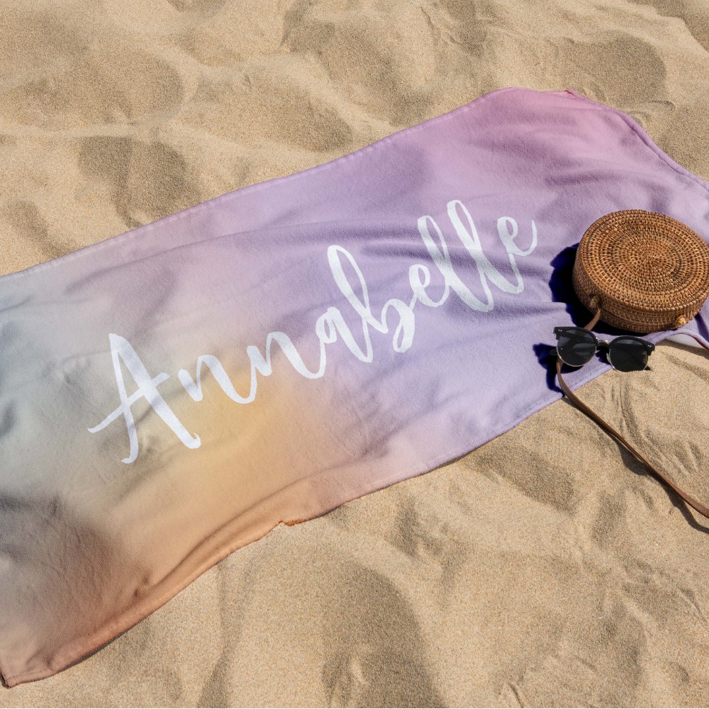 Pastel pink rainbow girly monogram simple beach to Personalized beach towel