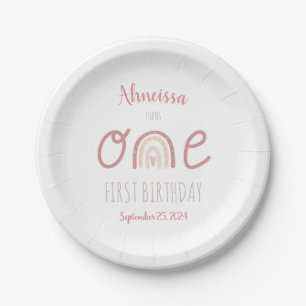 Pastel Pink Rainbow One First Birthday Paper Plates