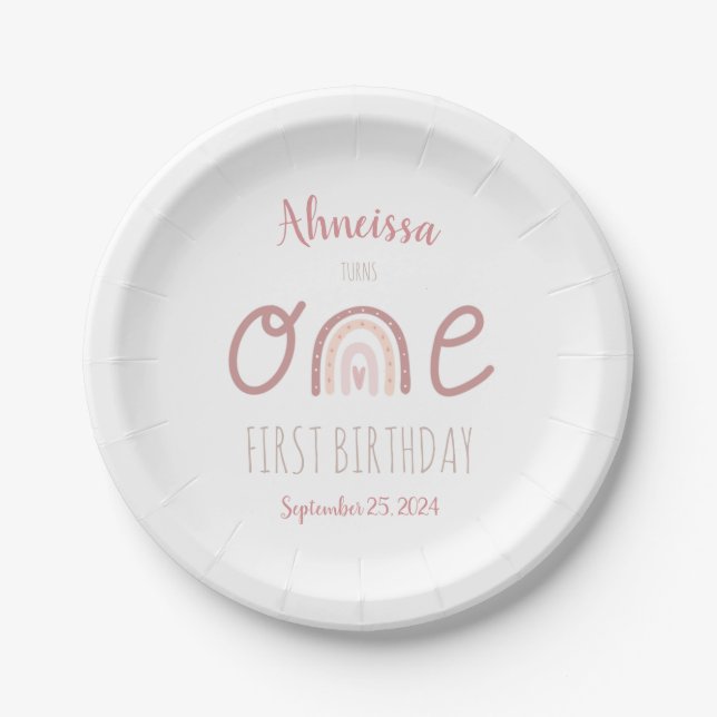 Pastel Pink Rainbow One First Birthday Paper Plates (Front)