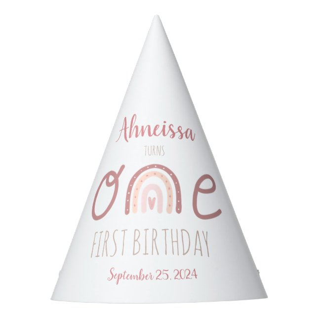 Pastel Pink Rainbow One First Birthday Party Hat (Front)
