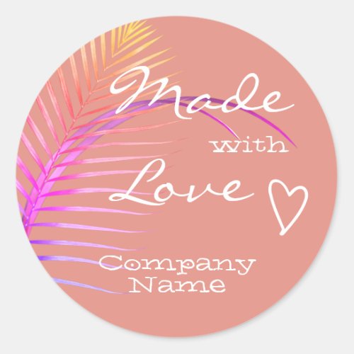 Pastel Pink Rainbow Palm Tree Leaf Made with Love Classic Round Sticker