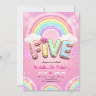 Pastel Pink Rainbow Sparkle 5th Birthday Invitation