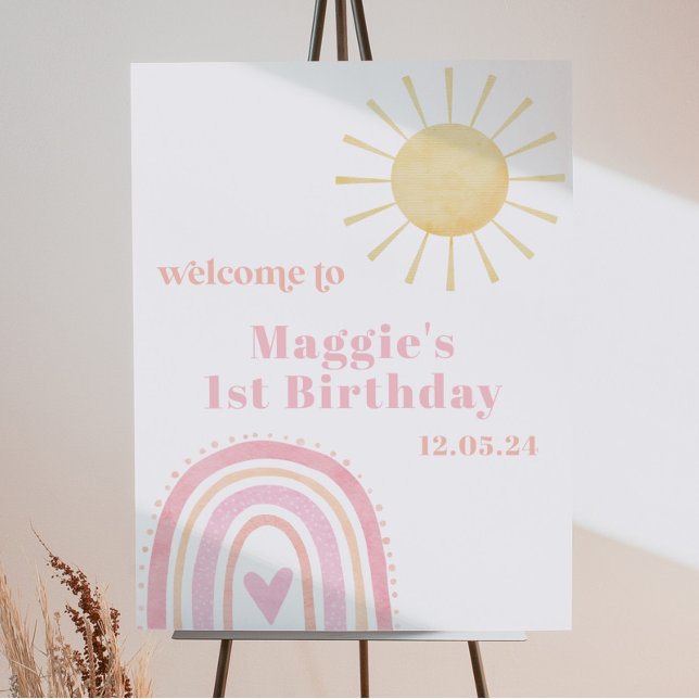 Pastel Pink Rainbow Sun 1st Birthday Welcome Sign (Creator Uploaded)