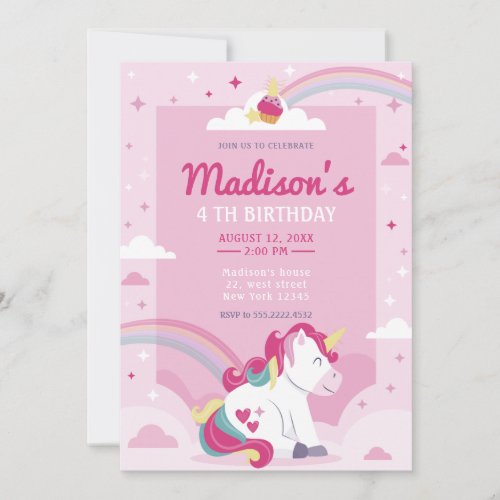 Pastel Pink Rainbow Unicorn Birthday Party Invitation