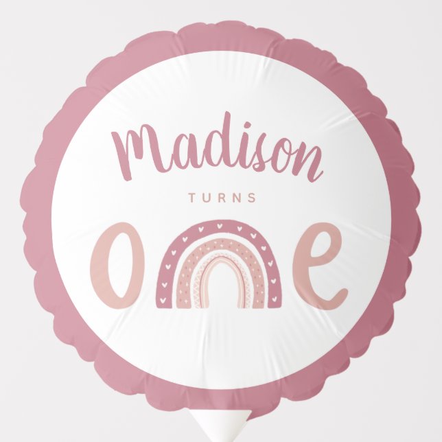 Pastel Pink Rainbow Your Name Turns One Birthday Balloon (Front)