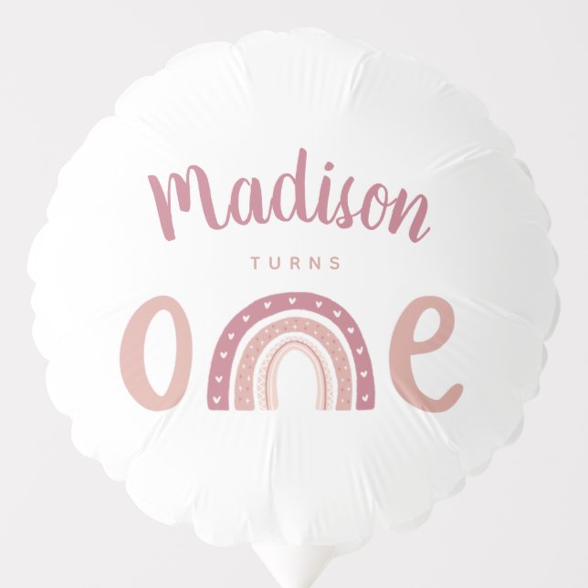 Pastel Pink Rainbow Your Name Turns One Birthday Balloon (Front)