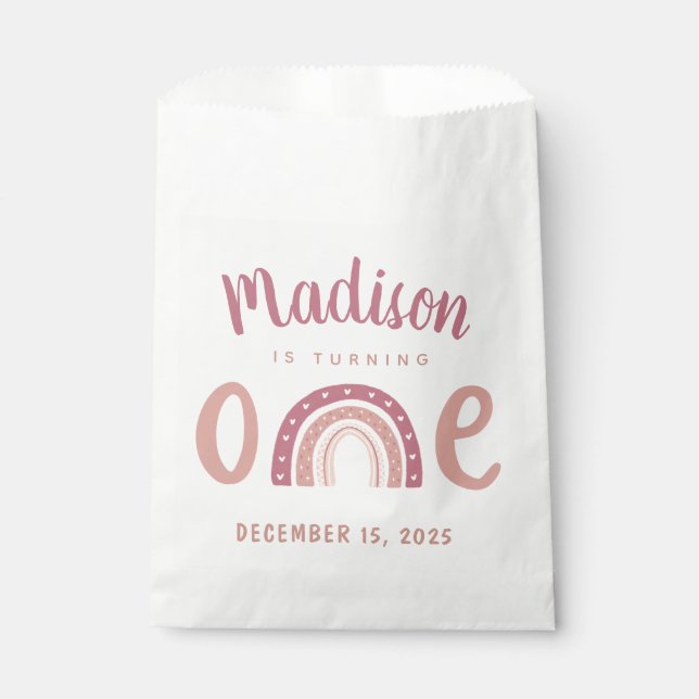 Pastel Pink Rainbow Your Name Turns One Birthday Favor Bag (Front)