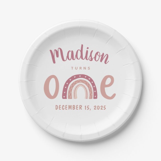 Pastel Pink Rainbow Your Name Turns One Birthday Paper Plates (Front)