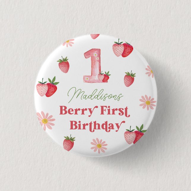 Pastel Pink & Red Berry First Strawberry Birthday  Button (Front)