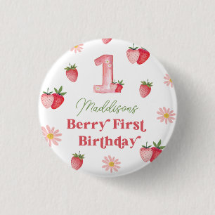 Pastel Pink & Red Berry First Strawberry Birthday  Button