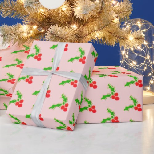 Pastel Pink Red Holly Berry Pattern Christmas Wrapping Paper