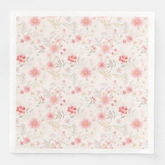 Pastel Pink Red White Flowers Pattern Paper Dinner Napkins (Front)