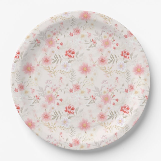 Pastel Pink Red White Flowers Pattern Paper Plates (Front)