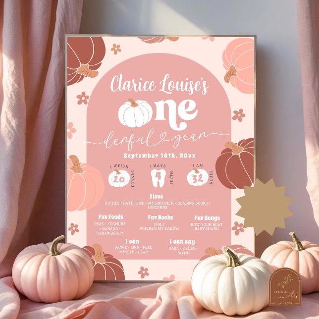 Pastel Pink Retro Pumpkin First Birthday Milestone Poster (Creator Uploaded)