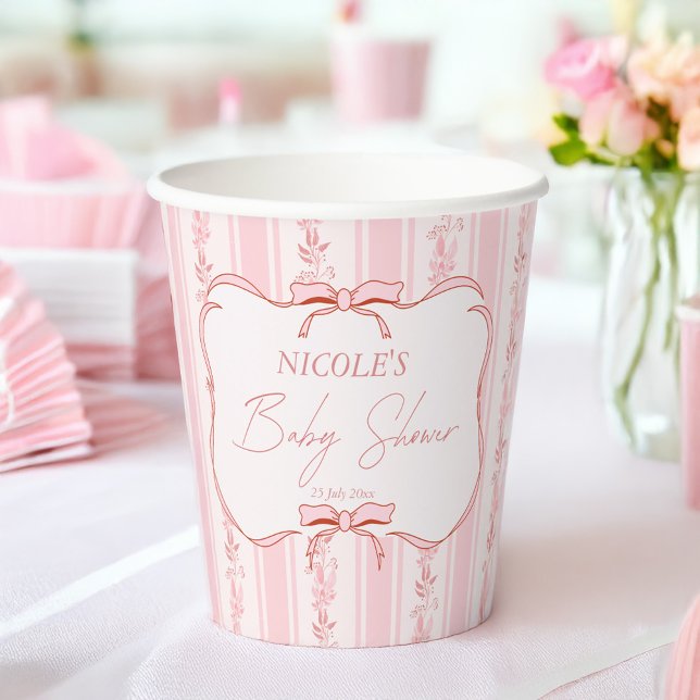 Pastel pink retro stripes baby shower personalized paper cups (Pastel pink retro stripes coquette baby shower monogrammed paper cups personalized table decor)