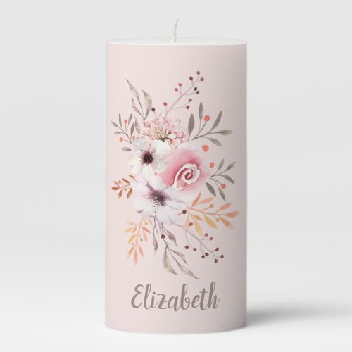 Pastel Pink Rose Floral Bouquet  Personalized Pillar Candle