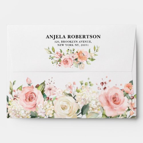 Pastel Pink Rose Florals Modern Botanical Wedding Envelope