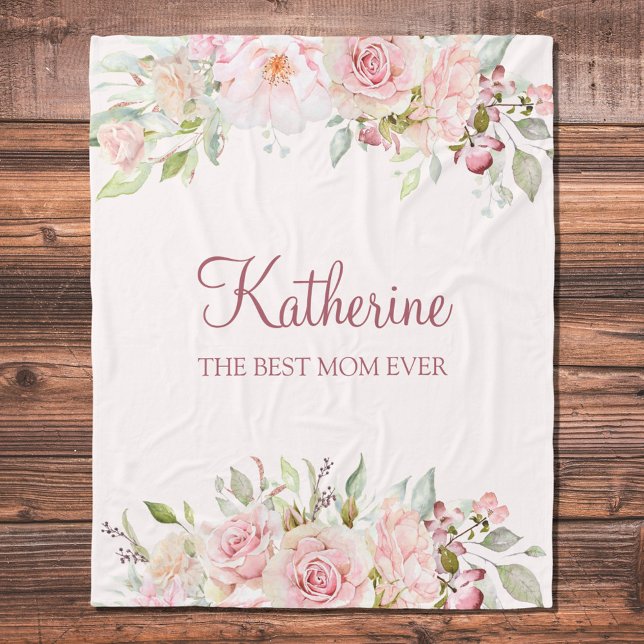 Pastel Pink Rose Flower Floral Best Mom Ever Fleece Blanket (Close up)