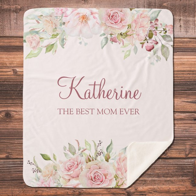 Pastel Pink Rose Flower Floral Best Mom Ever Sherpa Blanket (Close up)