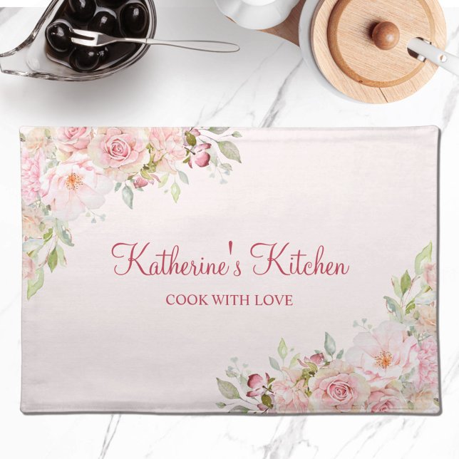 Pastel Pink Rose Flower Floral Mothers Day Gift Cloth Placemat (In situ)