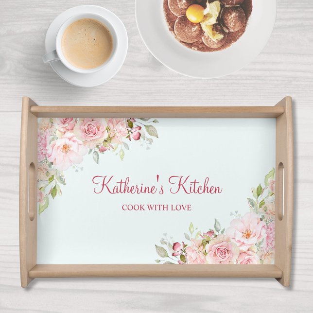 Pastel Pink Rose Flower Floral Mothers Day Gift Serving Tray (In situ)