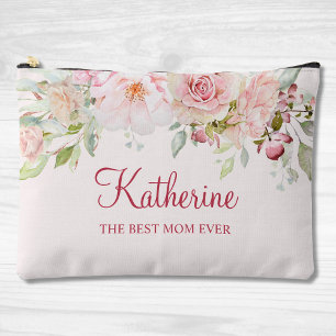 Pastel Pink Rose Flower Floral The Best Mom Ever Accessory Pouch