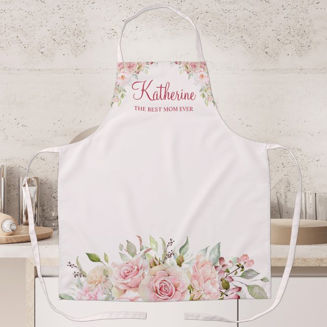 Pastel Pink Rose Flower Floral The Best Mom Ever Apron (In situ)