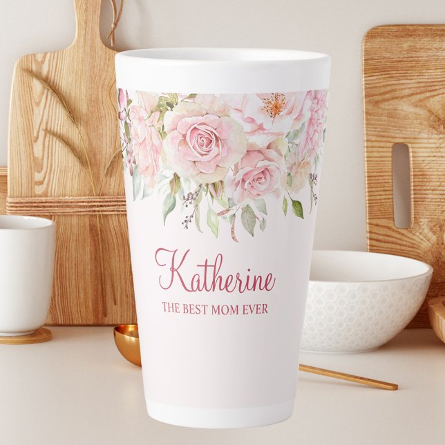 Pastel Pink Rose Flower Floral The Best Mom Ever Latte Mug (In situ)