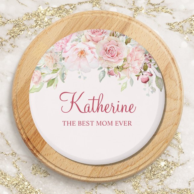 Pastel Pink Rose Flower Floral The Best Mom Ever Magnet (Close up)