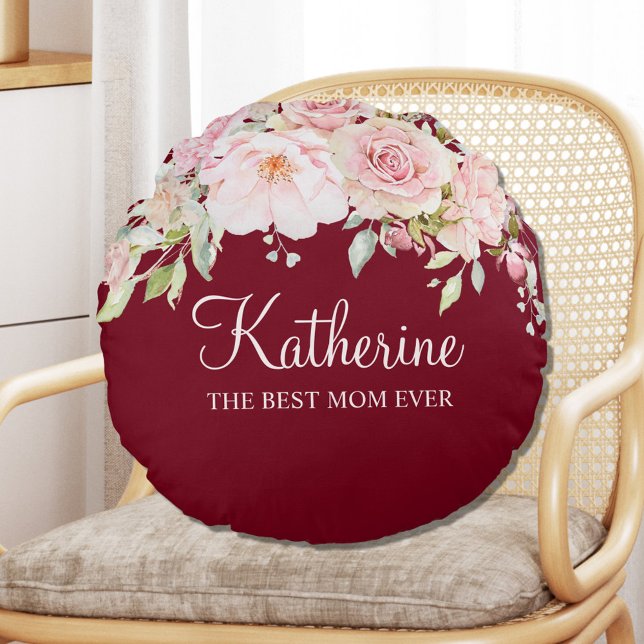 Pastel Pink Rose Flower Floral The Best Mom Ever Round Pillow (In situ)