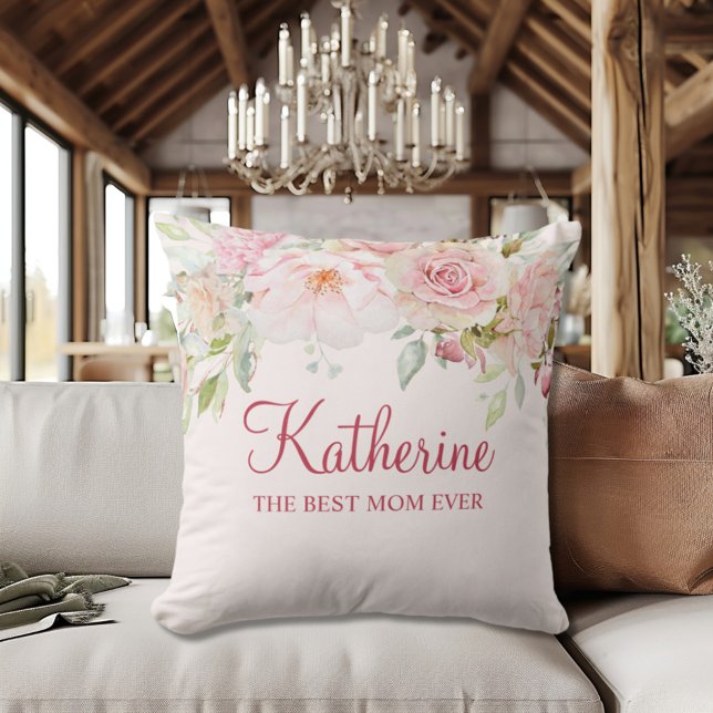 Pastel Pink Rose Flower Floral The Best Mom Ever Throw Pillow (In situ)