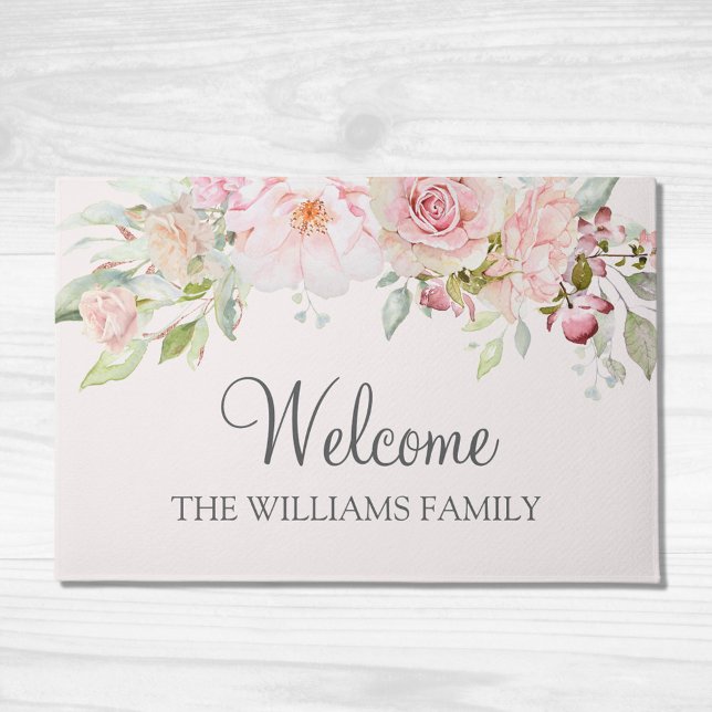 Pastel Pink Rose Flower Floral Welcome Doormat (In situ)
