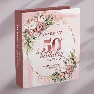 Pastel Pink Rose Gold Blush Flowers 50th Birthday  3 Ring Binder