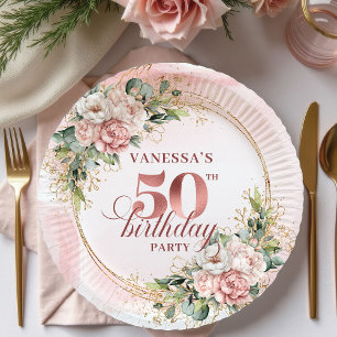 Pastel Pink Rose Gold Blush Flowers 50th Birthday  Paper Plates