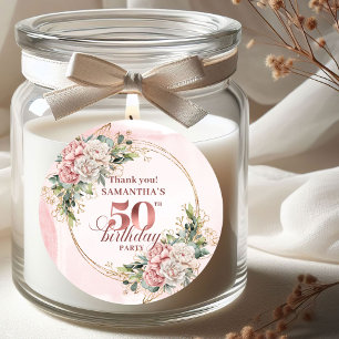 Pastel Pink Rose Gold Greenery 50th Birthday   Classic Round Sticker