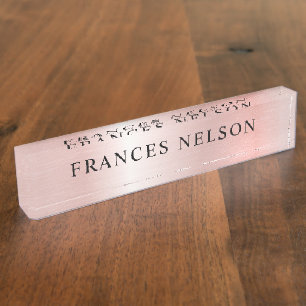 Pastel Pink Rose Gold Metallic Look Stylish Serif Desk Name Plate