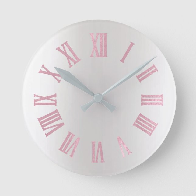 Pastel Pink Rose Gray Silver Ombre Minimal Black Round Clock (Front)
